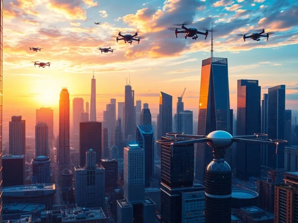 High-tech city skyline featuring advanced technology innovations at sunset.