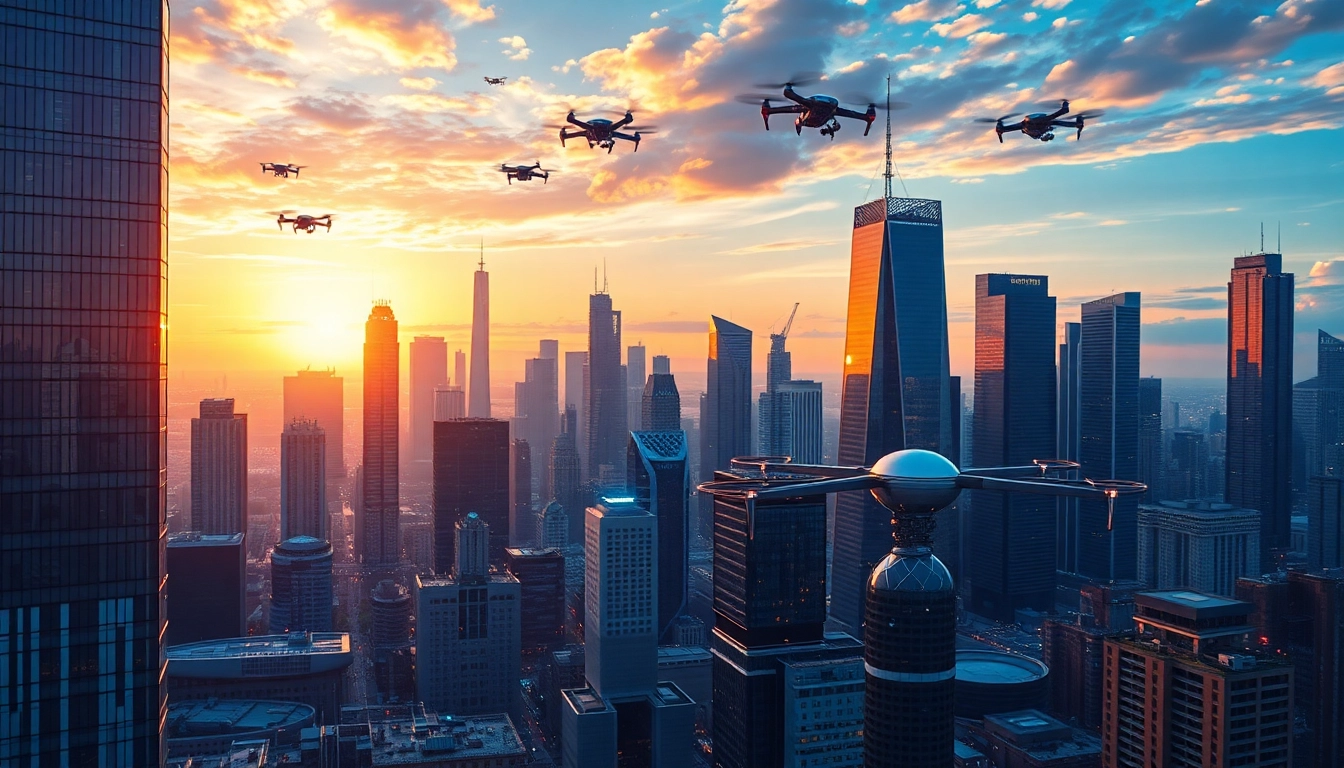 High-tech city skyline featuring advanced technology innovations at sunset.