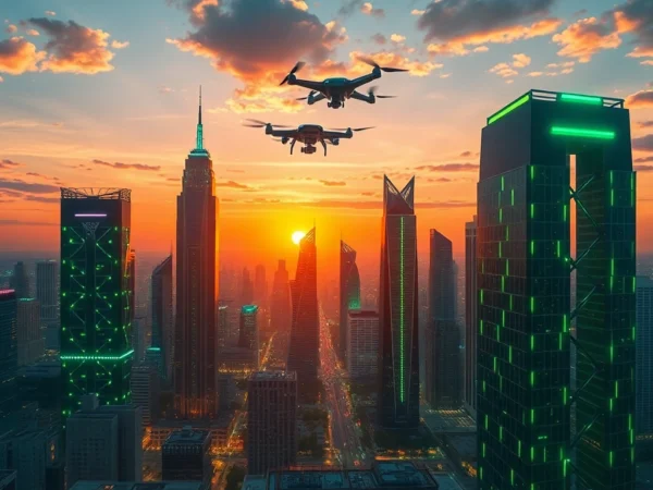 Showcase of technology in a vibrant futuristic city with drones and illuminated buildings.