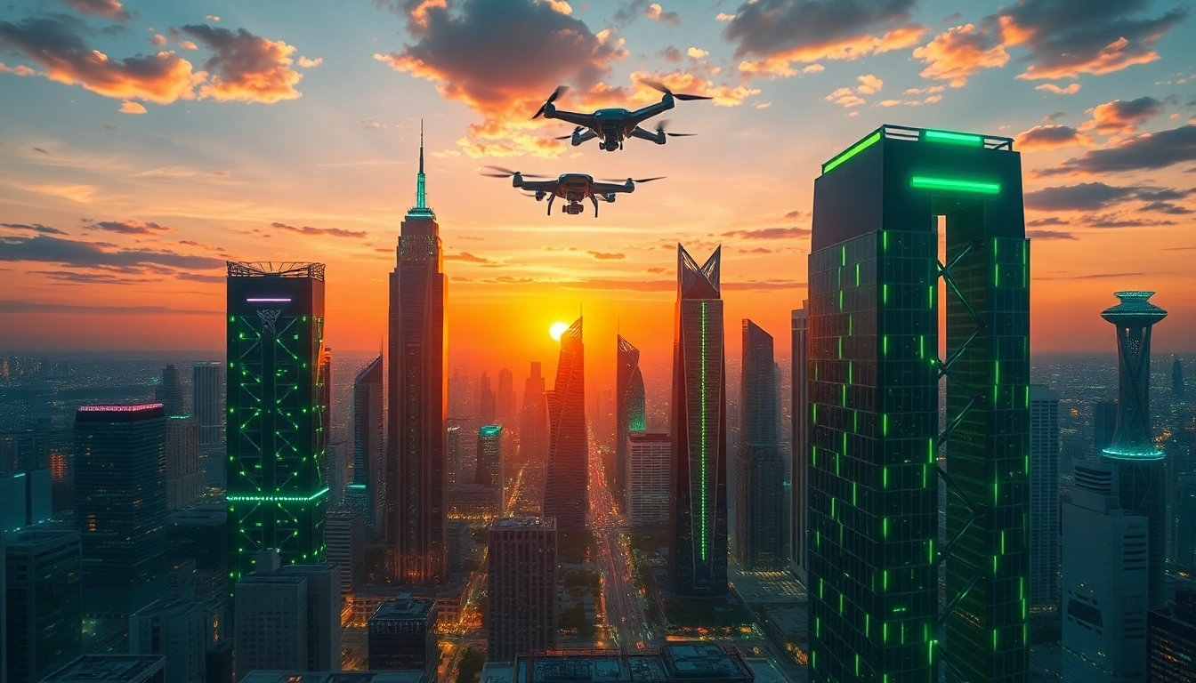 Showcase of technology in a vibrant futuristic city with drones and illuminated buildings.