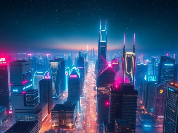 Showcase technology enhancing a futuristic city environment with glowing lights and innovative structures.