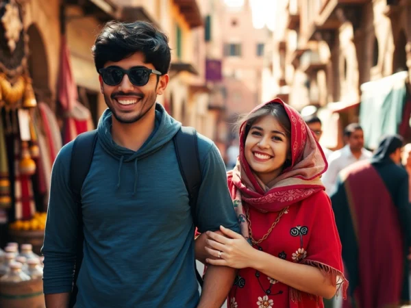 Family holiday in Morocco with children strolling through bustling medina, vibrant markets, and historic sites, enjoying shared experiences.