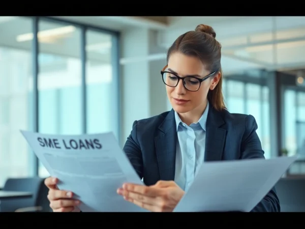 SME loan application process with a business owner reviewing documents for growth funding.