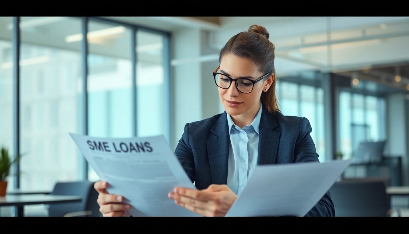 SME loan application process with a business owner reviewing documents for growth funding.