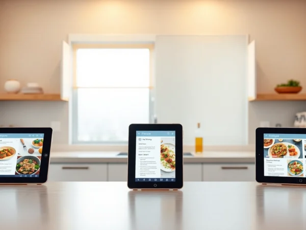 Showcasing the best way to store recipes digitally through a sleek app interface on a tablet in a contemporary kitchen setting.