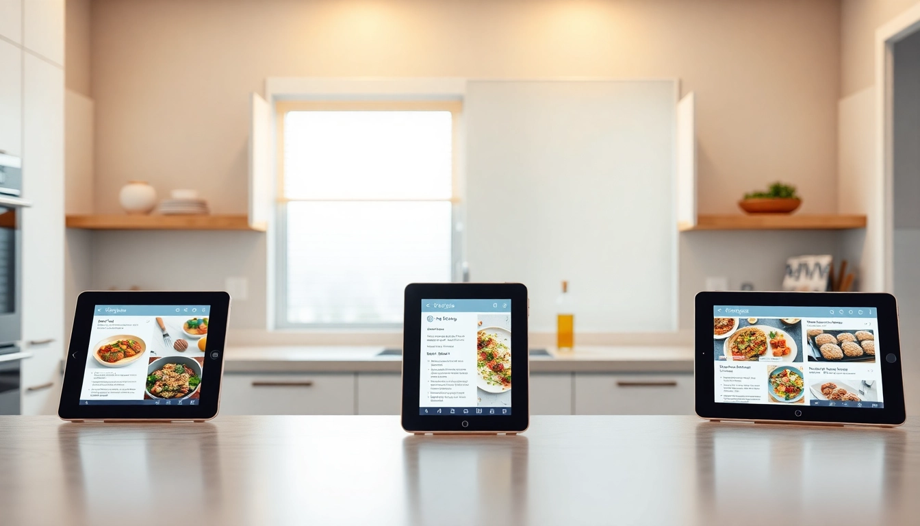 Showcasing the best way to store recipes digitally through a sleek app interface on a tablet in a contemporary kitchen setting.