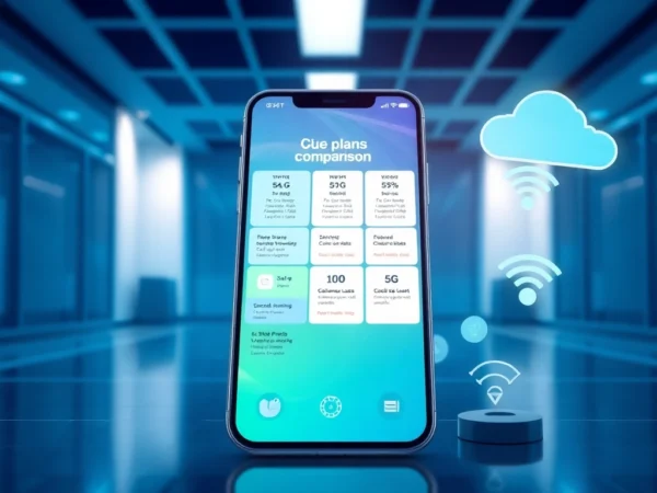 一部顯示5G計劃比較界面的手機插圖，背景為現代環境，氛圍專業且吸引人。