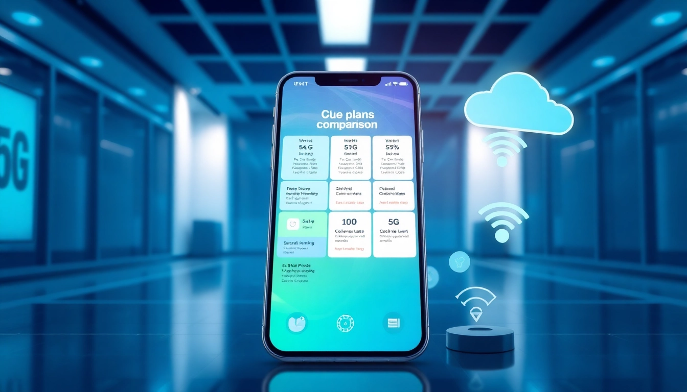 一部顯示5G計劃比較界面的手機插圖，背景為現代環境，氛圍專業且吸引人。