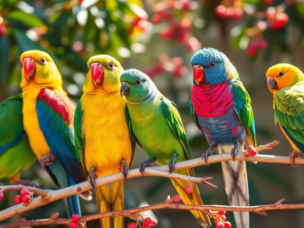 Colorful pet birds like parakeets and cockatiels perched on branches showcasing their vibrant feathers, perfect for bird lovers.