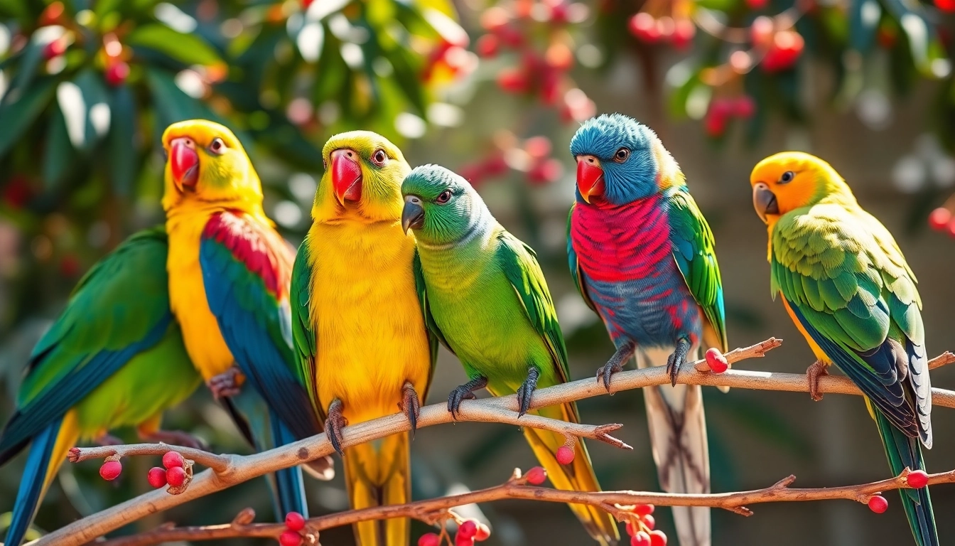 Colorful pet birds like parakeets and cockatiels perched on branches showcasing their vibrant feathers, perfect for bird lovers.