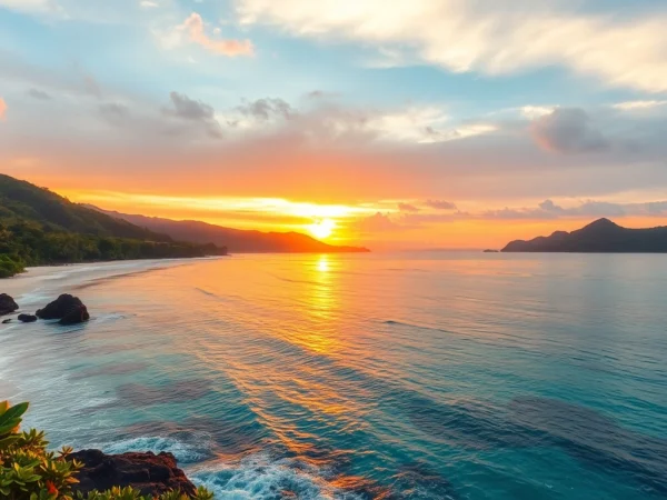 Lombok's stunning coastline with clear turquoise waters, white sandy beaches, and soaring mountains in the background.