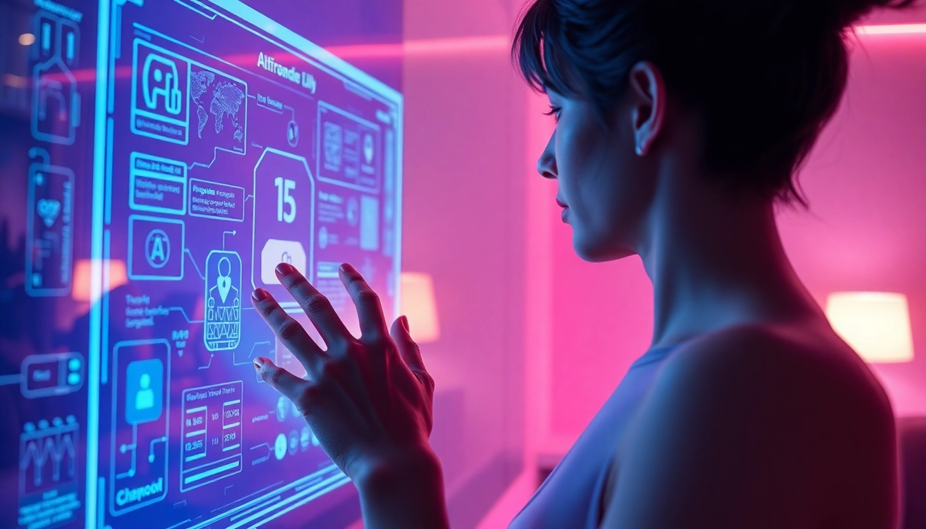 Futuristic AI chat interface in a modern, softly lit room with vibrant neon colors and immersive technology.