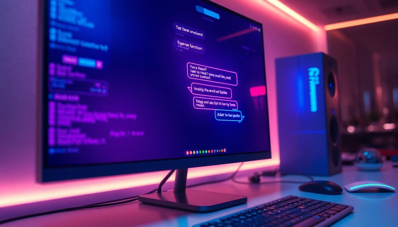 Futuristic AI chat interface on a sleek computer screen with vibrant neon colors and high-tech surroundings.