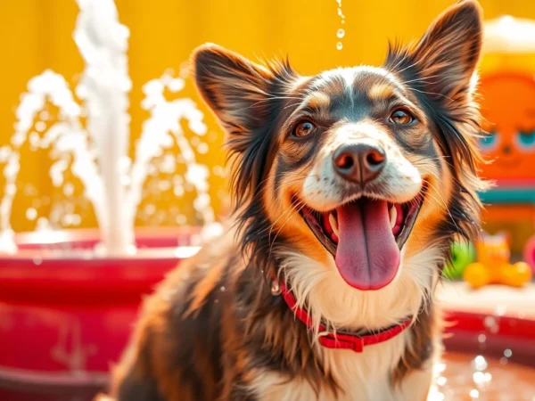 Dog wash near me: happy dog being washed outdoors, enjoying a sunny day with bubbles.