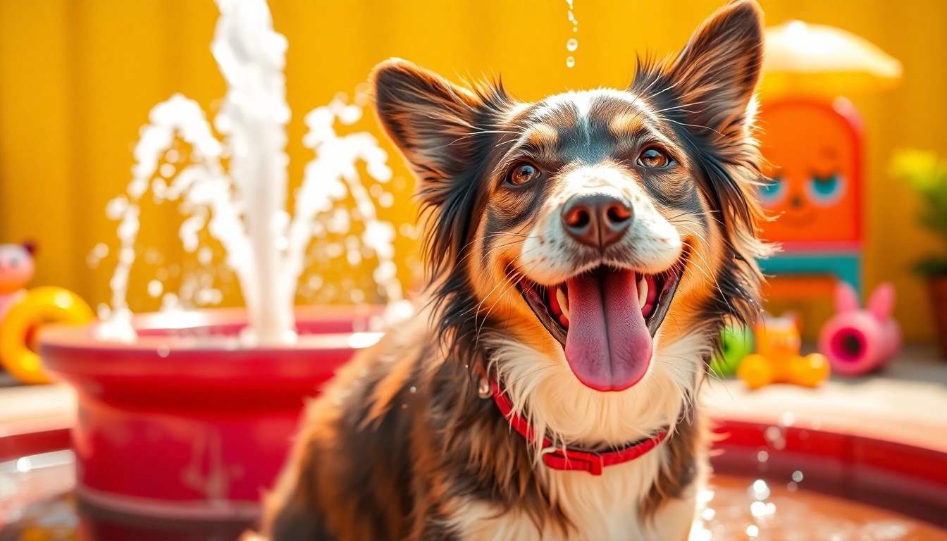 Dog wash near me: happy dog being washed outdoors, enjoying a sunny day with bubbles.