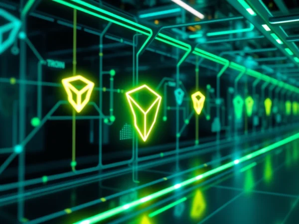 Visual representation of tron energy powering blockchain transactions with dynamic energy flows and secure digital infrastructure.