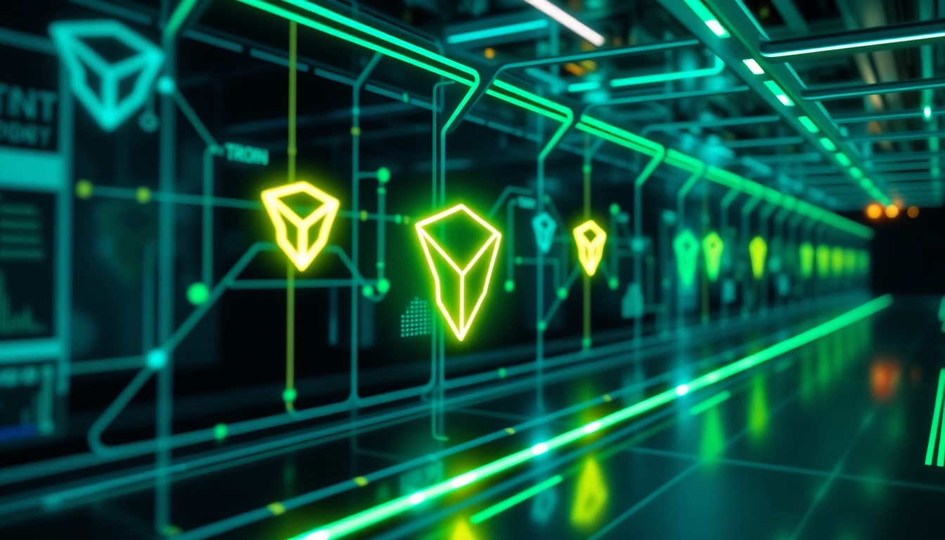 Visual representation of tron energy powering blockchain transactions with dynamic energy flows and secure digital infrastructure.