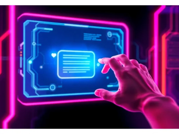 Futuristic AI interface with holographic chat window and neon accents