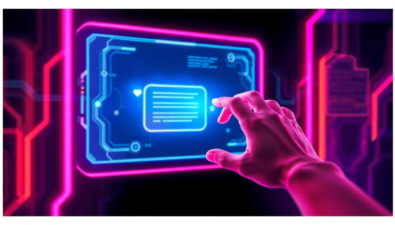 Futuristic AI interface with holographic chat window and neon accents