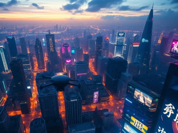 Showcasing technology in a futuristic city skyline with illuminated drones and digital billboards.