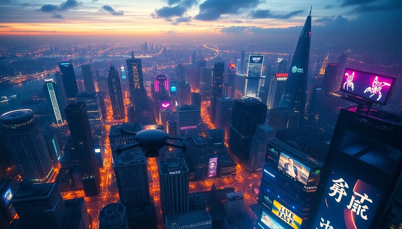 Showcasing technology in a futuristic city skyline with illuminated drones and digital billboards.