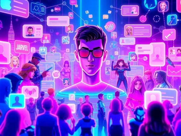 Futuristic virtual social media scene with avatars, fandom icons, and AI interactions in a neon-lit digital universe.