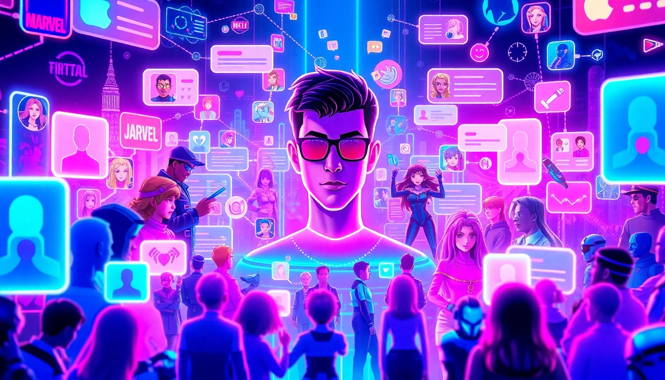 Futuristic virtual social media scene with avatars, fandom icons, and AI interactions in a neon-lit digital universe.