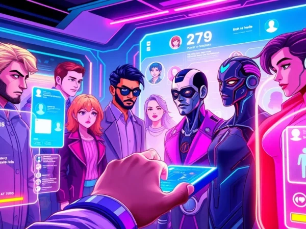 Futuristic virtual social media interface with avatars and holographic panels in a cyberpunk style.