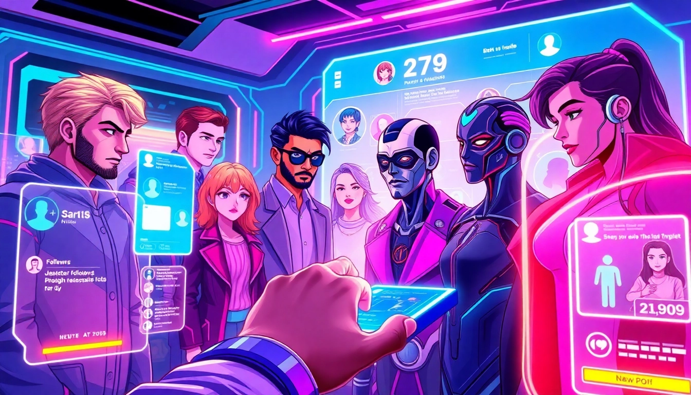 Futuristic virtual social media interface with avatars and holographic panels in a cyberpunk style.