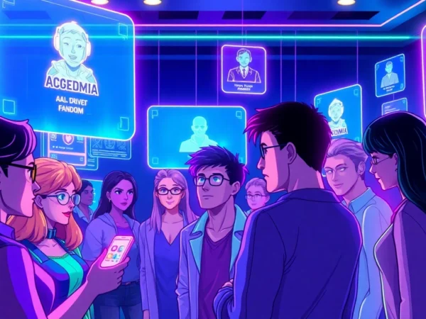 A futuristic digital scene showing avatars and holographic interfaces of a social media environment with vibrant colors and glowing AI interactions.