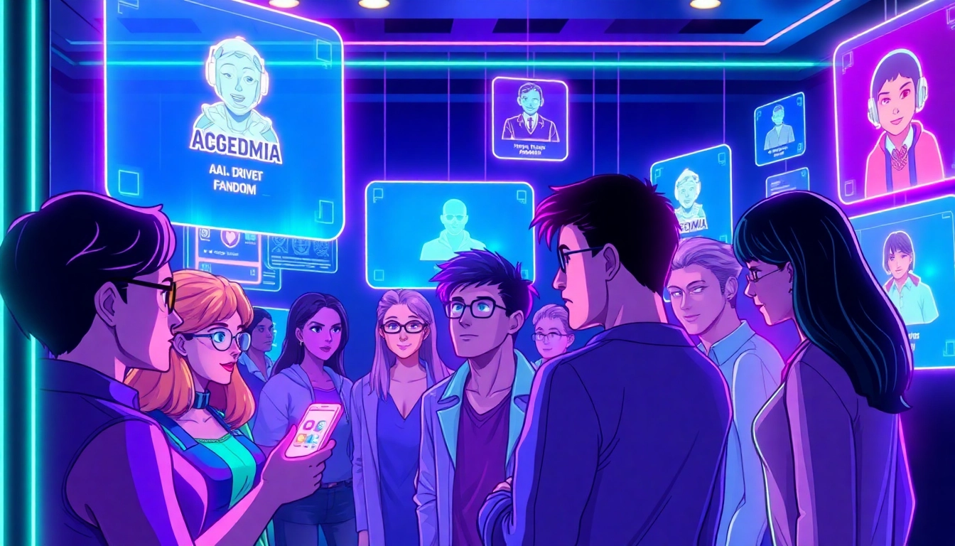 A futuristic digital scene showing avatars and holographic interfaces of a social media environment with vibrant colors and glowing AI interactions.