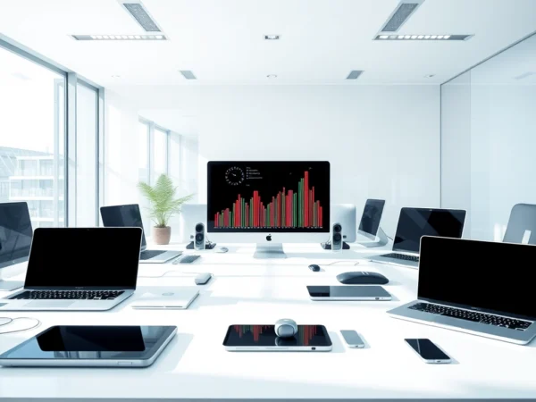 Showcasing innovative technology, a bright workspace filled with advanced devices and gadgets enhances productivity.