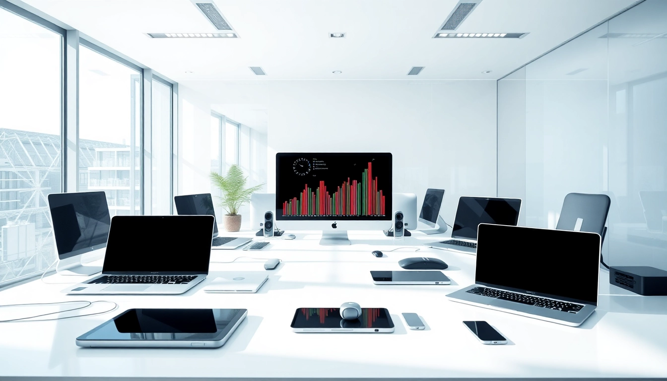 Showcasing innovative technology, a bright workspace filled with advanced devices and gadgets enhances productivity.