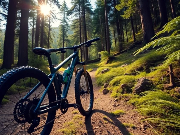 Trek mountain bike on a challenging trail during sunrise, inspiring outdoor adventure and exploration.