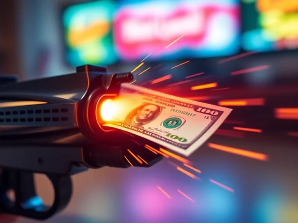 Cashgun in action shooting money with high-energy, colorful background, demonstrating fun and excitement.