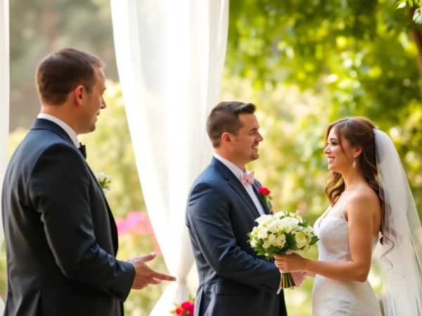 Professional photographe de mariages capturing a candid outdoor wedding moment in a lush garden with warm natural lighting.