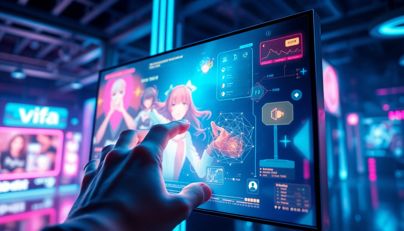 An illustration of a futuristic AI interface with neon lights, showing a human hand interacting with colorful holographic characters and graphics in a high-tech environment.