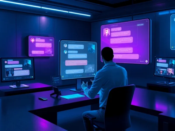 An illustration of a high-tech workspace with holographic screens showing AI chat interfaces and dynamic visuals in a modern environment.