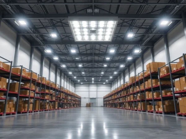 Moderne LED-Industriehallenbeleuchtung in einer großen Lagerhalle