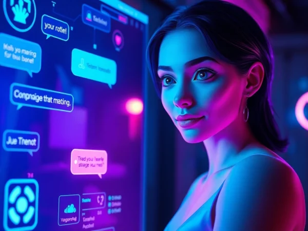 Futuristic AI chat interface with a virtual character and visual replies in a high-tech setting.