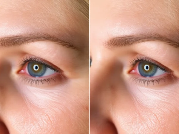 Patient's eyes before and after Oberlidstraffung Zürich showing a fresher, more awake appearance with minimal scars.