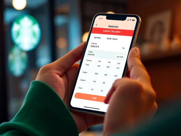 The Starbucks calorie calculator displayed on a mobile device, showing live calorie updates as users customize drinks with toppings, sizes, and extras, emphasizing ease and accuracy.