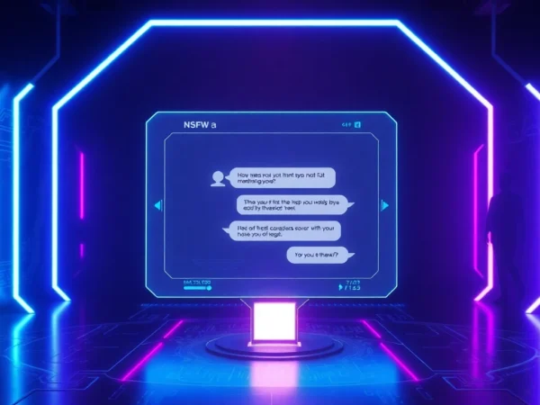 Futuristic digital chat interface with neon accents and holographic visuals representing NSFW AI conversations in a cyberpunk setting.