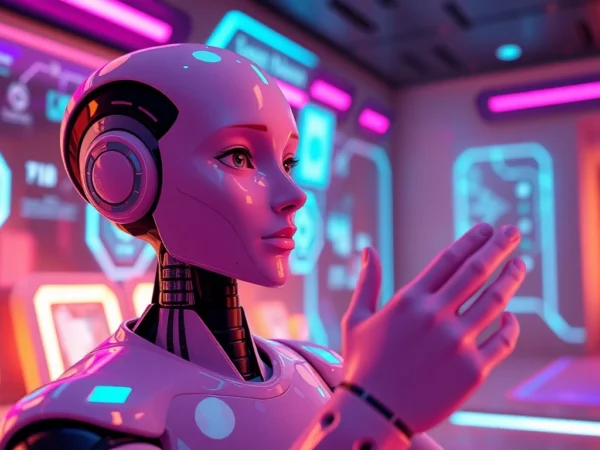 Futuristic digital scene with an expressive AI character in a glowing tech environment