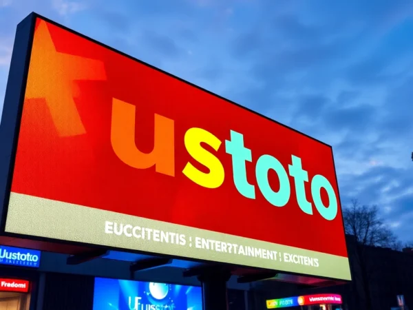 Uustoto branding on a vibrant digital billboard in an urban environment, capturing attention with bright colors and modern design, ideal for online gaming or betting sites.