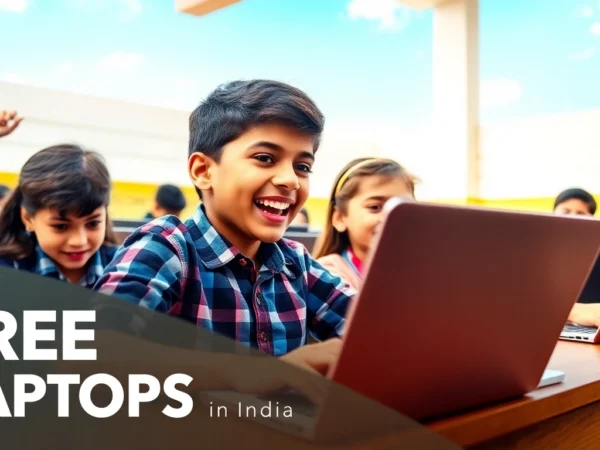 Highlighting the free laptop yojana 2025, students receiving laptops from government officials in a school, symbolizing educational empowerment through digital devices.