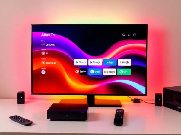 Stream high-quality atlas pro iptv on a modern smart TV with vibrant interface and remote control, showcasing a premium viewing experience.