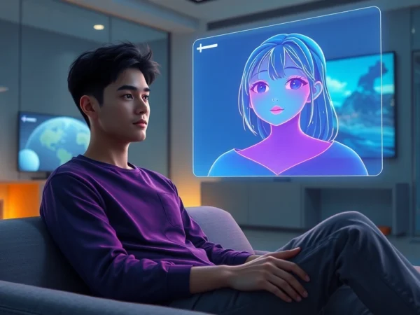 Futuristic scene of a person interacting with a holographic AI girlfriend in a modern room with glowing visuals and high-tech screens.