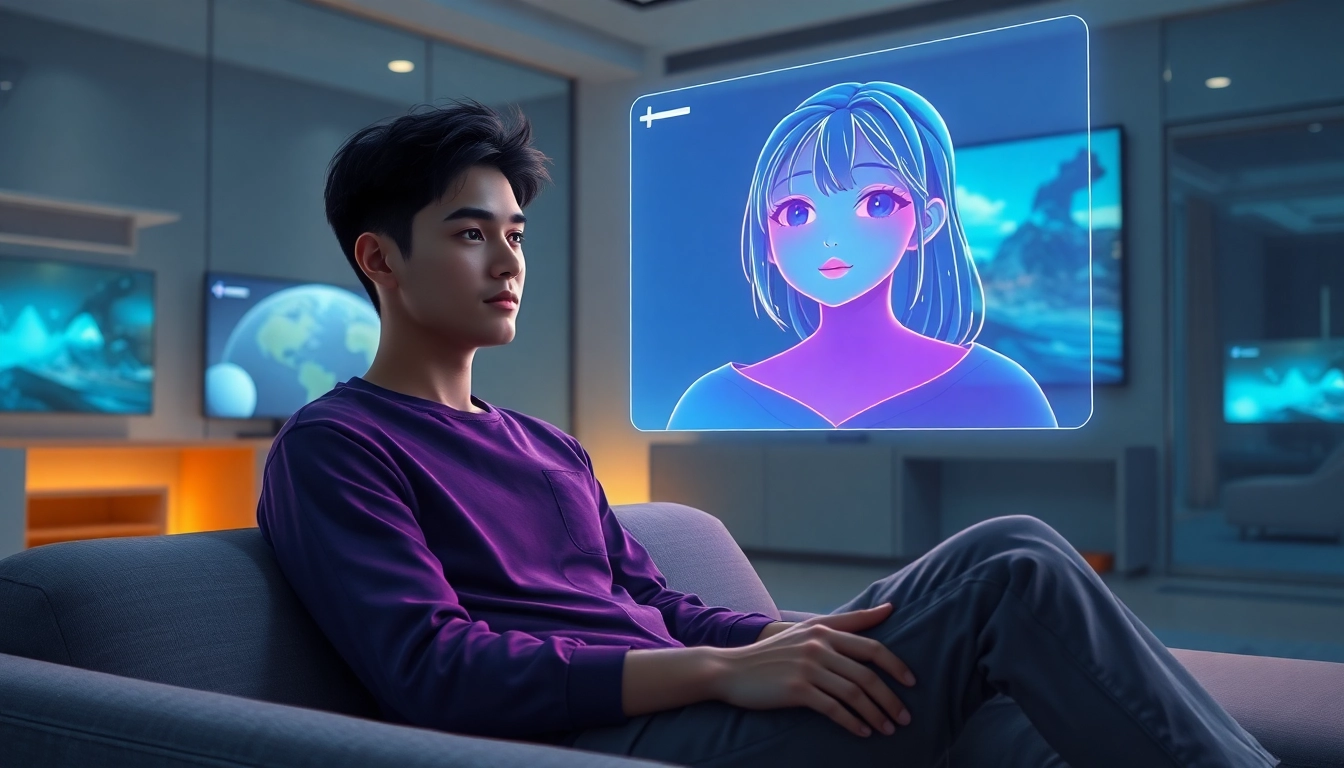 Futuristic scene of a person interacting with a holographic AI girlfriend in a modern room with glowing visuals and high-tech screens.