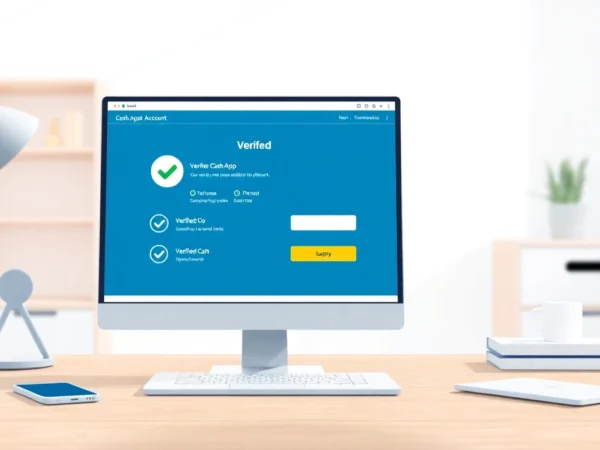 An illustration of a computer screen showing a verified Cash App account in a professional workspace.